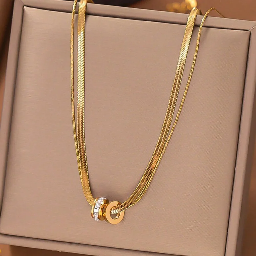 Silver Casual Women's Stainless Steel Round Cz Inlaid Double Layer Necklace